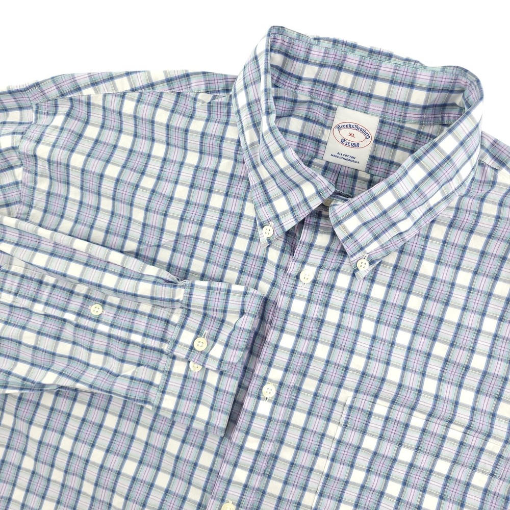 Brooks Brothers Shirt Mens XL Blue Plaid Long Sleeve Button Down Cotton Casual